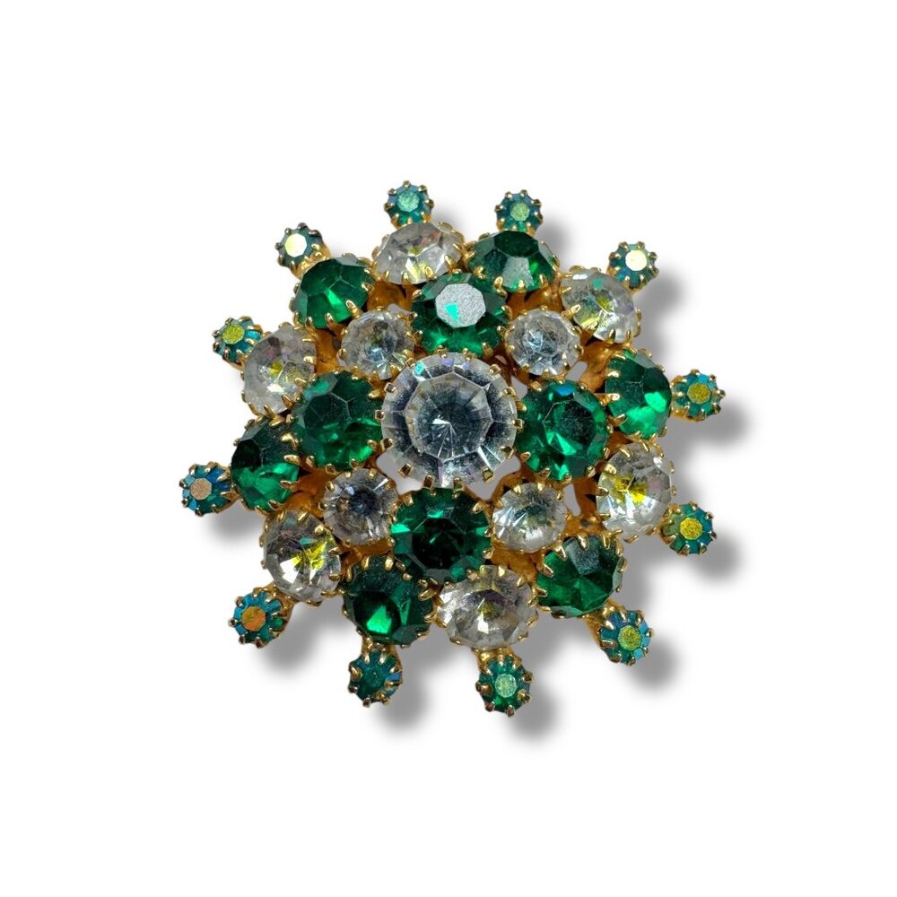 Vintage Gold Tone Brooch Green Clear Aurora Borealis Crystal Stones 2"